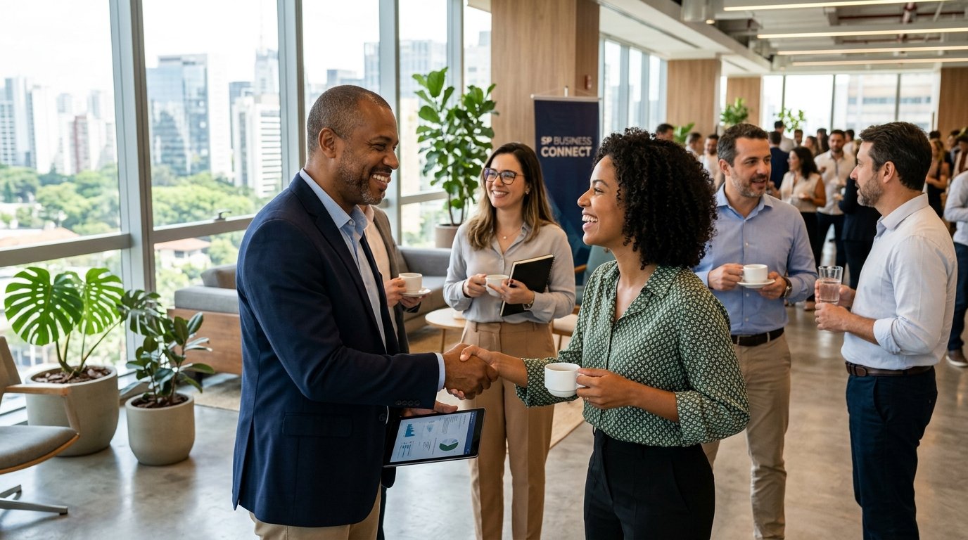 Profissionais e empresários se conectando e fazendo networking na Rede de Negócios